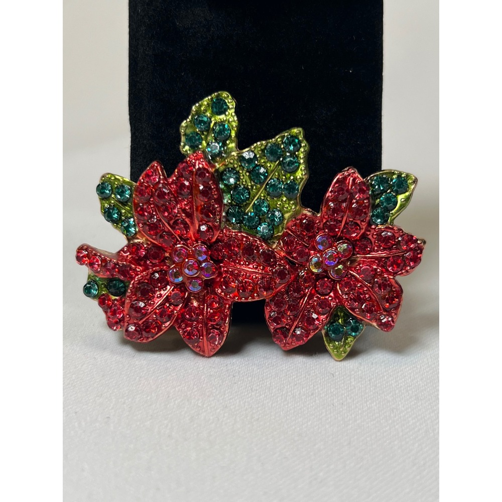 Christmas Poinsettia Brooch Red Green Rhinestone Gold Tone Holiday Pin Vintage